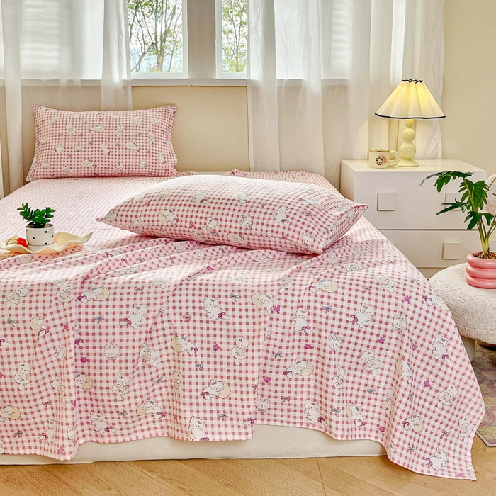 91家纺网 家纺一手货源 找家纺 优米家纺 2025新款ins小清新双层纱印花床单 格子猫咪