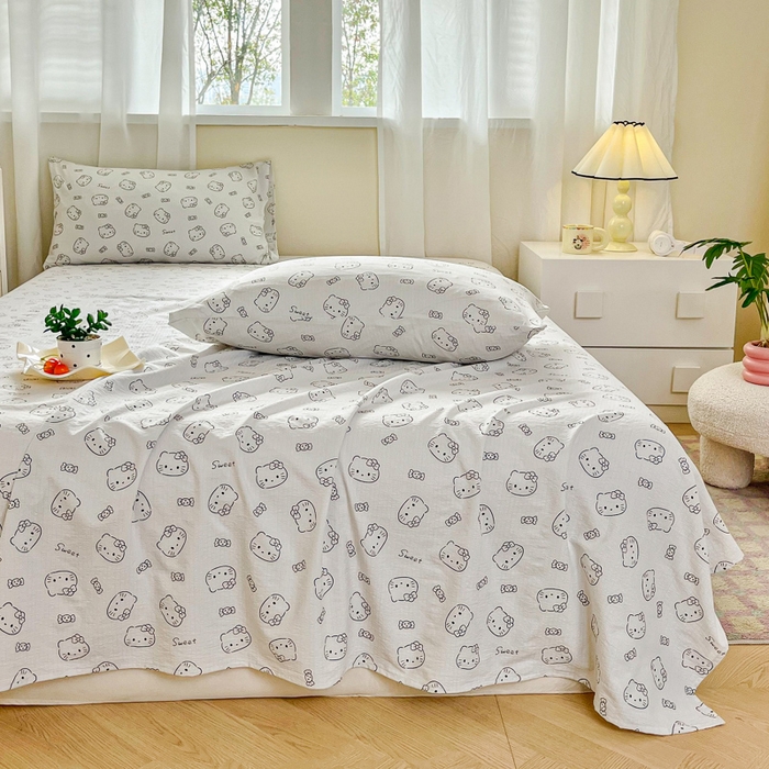 91家纺网 家纺一手货源 找家纺 优米家纺 2025新款ins小清新双层纱印花床单 奶猫