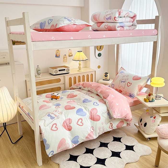 91家纺网 家纺一手货源 找家纺 卡普 2025新款爆款加厚卡通小清新全棉纯棉学生宿舍三件套床笠隔天可拿小兔可可