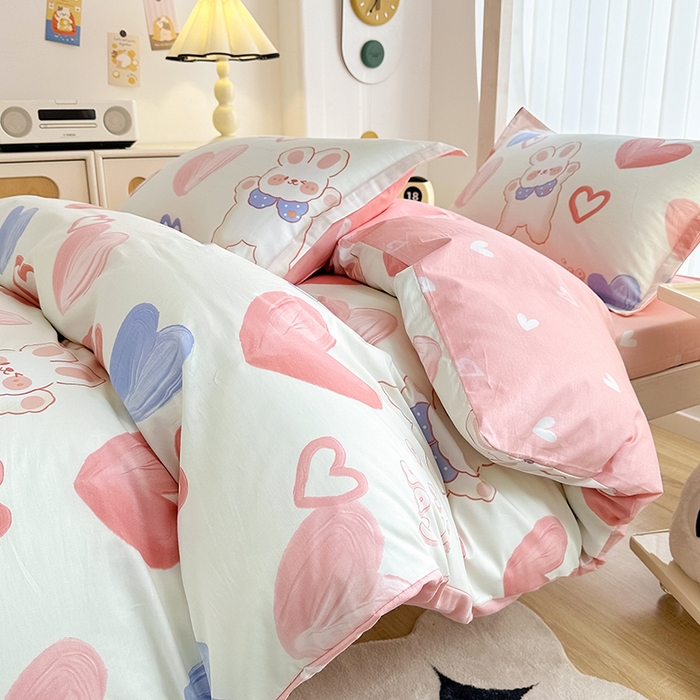 91家纺网 家纺一手货源 找家纺 卡普 2025新款爆款加厚卡通小清新全棉纯棉学生宿舍三件套床笠隔天可拿小兔可可