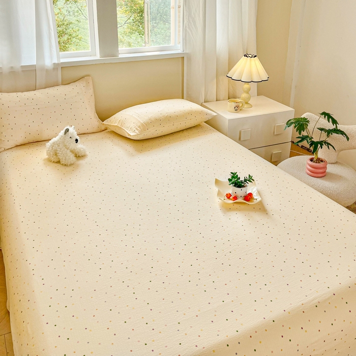 91家纺网 家纺一手货源 找家纺 优米家纺 2025新款ins小清新双层纱印花床单 五彩点点