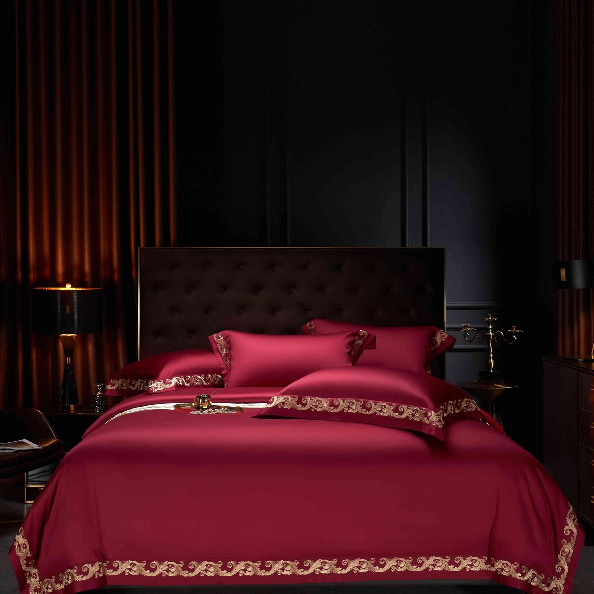 91家纺网 家纺一手货源 找家纺 缔缦 2025新款高端定织面料S140长绒棉精梳棉重磅刺绣四件套罗莎系列 酒红