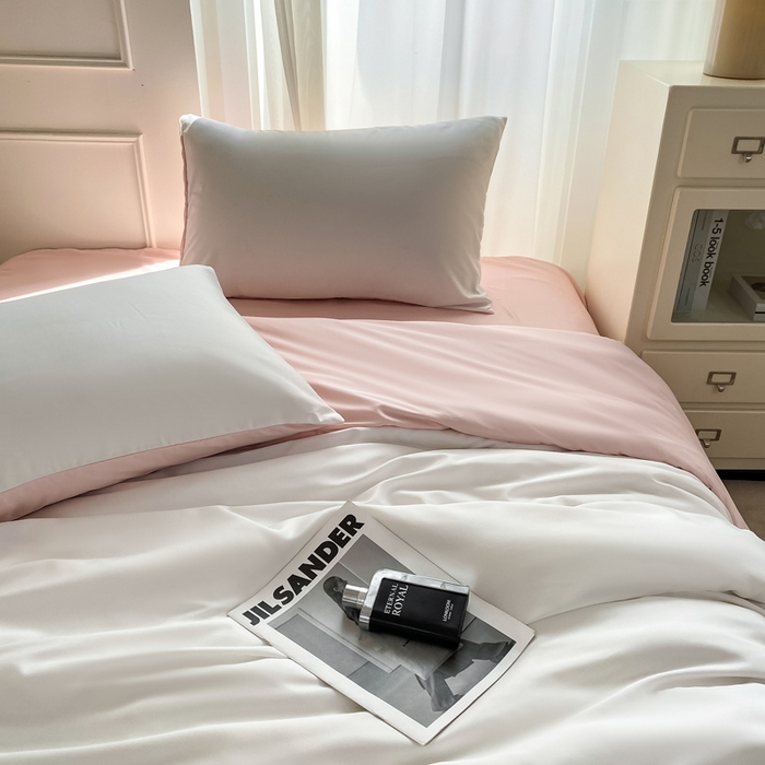 91家纺网 家纺一手货源 找家纺 乐沐家纺 2024新款夏季水洗冰丝四件套水洗真丝纯色双拼单被套-风格二 奶油粉白