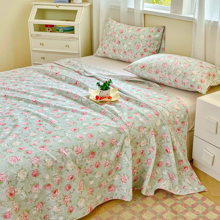 91家纺网 家纺一手货源 找家纺 优米家纺 2025新款ins小清新双层纱印花床单 牡丹花开