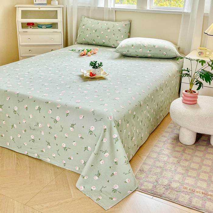 91家纺网 家纺一手货源 找家纺 优米家纺 2025新款ins小清新双层纱印花床单 午后蔷薇