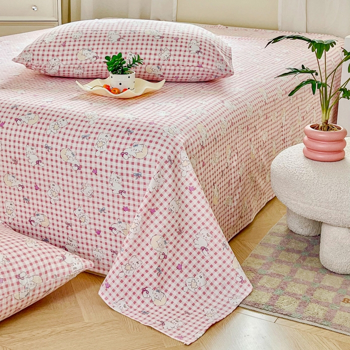 91家纺网 家纺一手货源 找家纺 优米家纺 2025新款ins小清新双层纱印花床单 格子猫咪