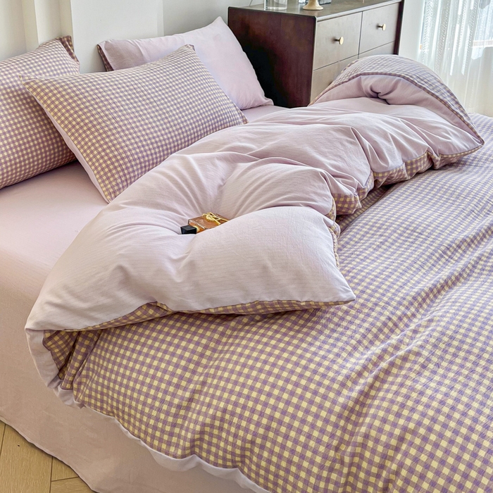 91家纺网 家纺一手货源 找家纺 优米家纺 2025新款色织双层纱木棉四件套 薰衣草紫+浅黄