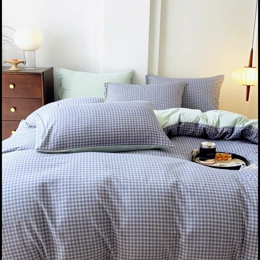 91家纺网 家纺一手货源 找家纺 优米家纺 2025新款色织双层纱木棉四件套 淡雅蓝+香草绿