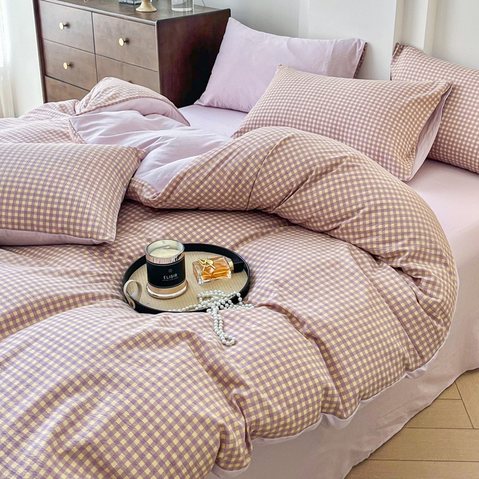 91家纺网 家纺一手货源 找家纺 优米家纺 2025新款色织双层纱木棉四件套 薰衣草紫+浅黄