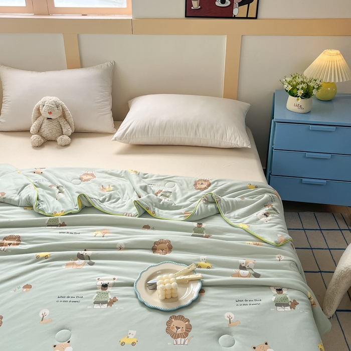 91家纺网 家纺一手货源 找家纺 龙图家纺 2025新款A类母婴针织棉夏被印花卡通凉感丝夏凉被空调被 动物王国