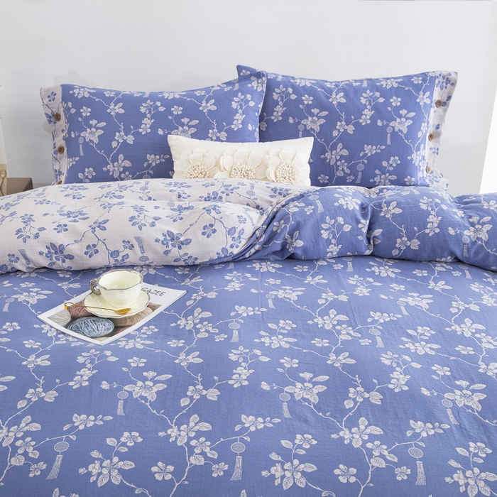 91家纺网 家纺一手货源 找家纺 鲁爱家纺供货 2025新款全棉色织双层纱纽扣四件套 春晖-浅兰