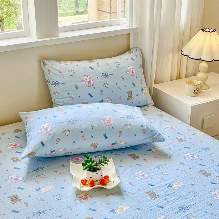 91家纺网 家纺一手货源 找家纺 优米家纺 2025新款ins小清新双层纱印花床单 奇趣乐园