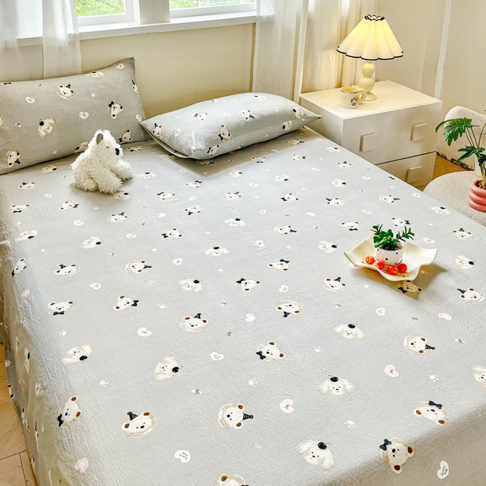 91家纺网 家纺一手货源 找家纺 优米家纺 2025新款ins小清新双层纱印花床单 爱心熊