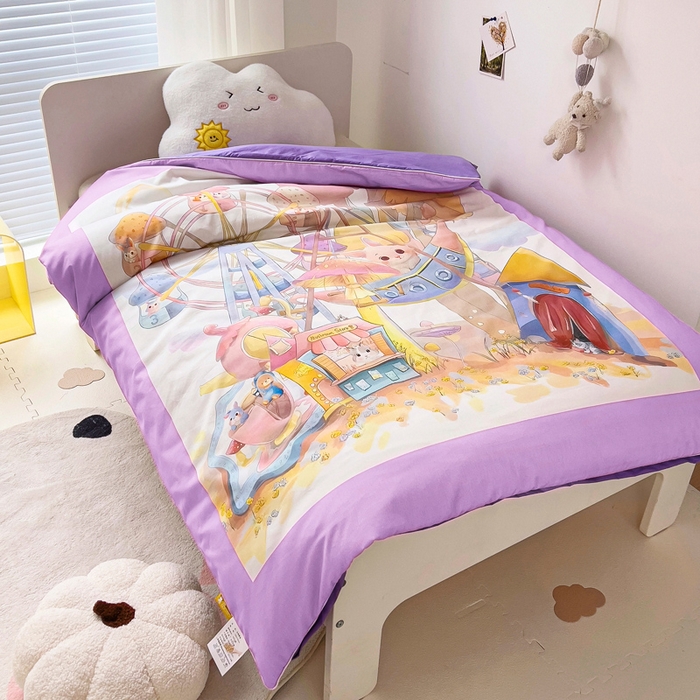 91家纺网 家纺一手货源 找家纺 梵赫 2025新款卡通全棉A类夹棉两用幼儿园儿童夏被被套 摩天轮-紫