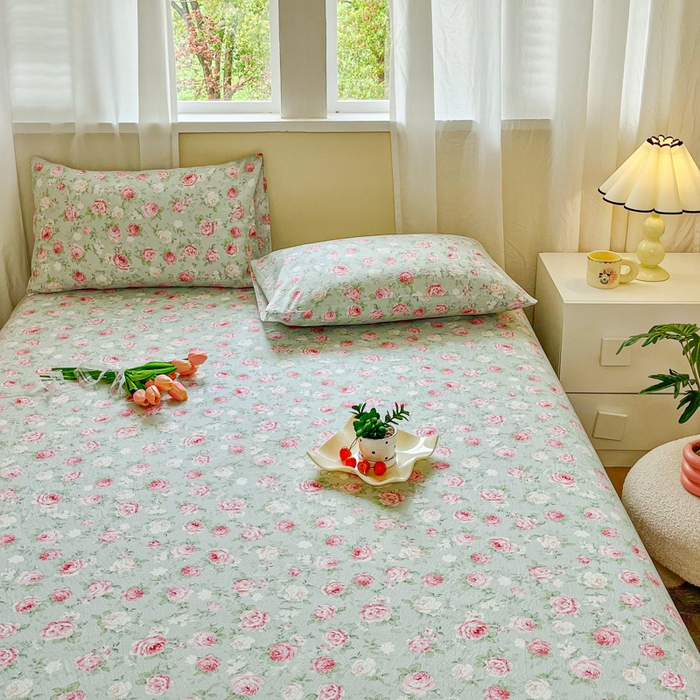 91家纺网 家纺一手货源 找家纺 优米家纺 2025新款ins小清新双层纱印花床单 牡丹花开