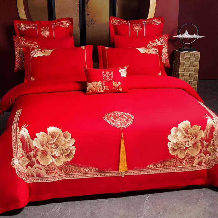 91家纺网 家纺一手货源 找家纺 振翼家纺婚庆专供 2025新款全棉长绒棉婚庆精致绣花四件套 玫瑰天使金