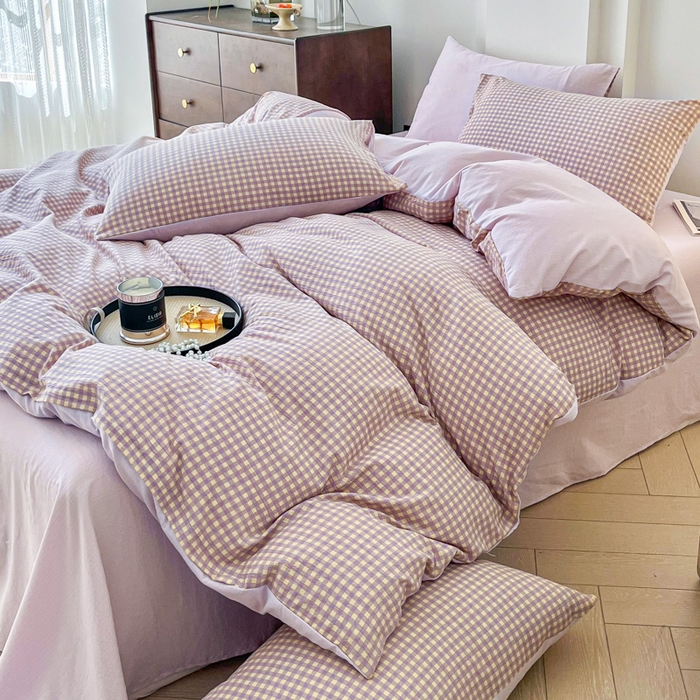 91家纺网 家纺一手货源 找家纺 优米家纺 2025新款色织双层纱木棉四件套 薰衣草紫+浅黄