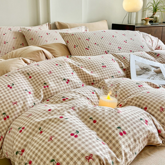 91家纺网 家纺一手货源 找家纺 优米家纺 2025新款色织双层纱木棉四件套 樱桃棕小格