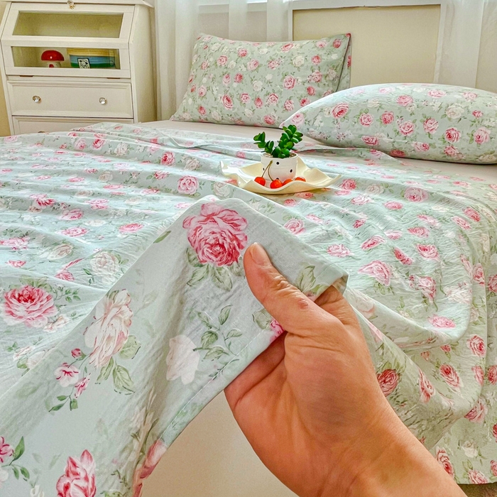 91家纺网 家纺一手货源 找家纺 优米家纺 2025新款ins小清新双层纱印花床单 牡丹花开