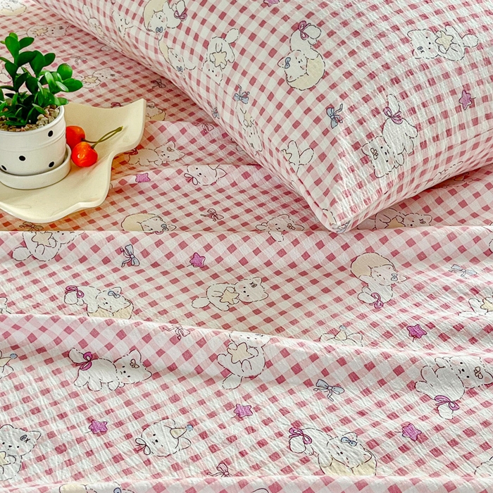 91家纺网 家纺一手货源 找家纺 优米家纺 2025新款ins小清新双层纱印花床单 格子猫咪