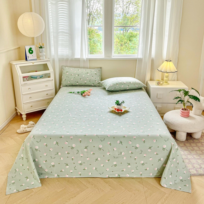 91家纺网 家纺一手货源 找家纺 优米家纺 2025新款ins小清新双层纱印花床单 午后蔷薇