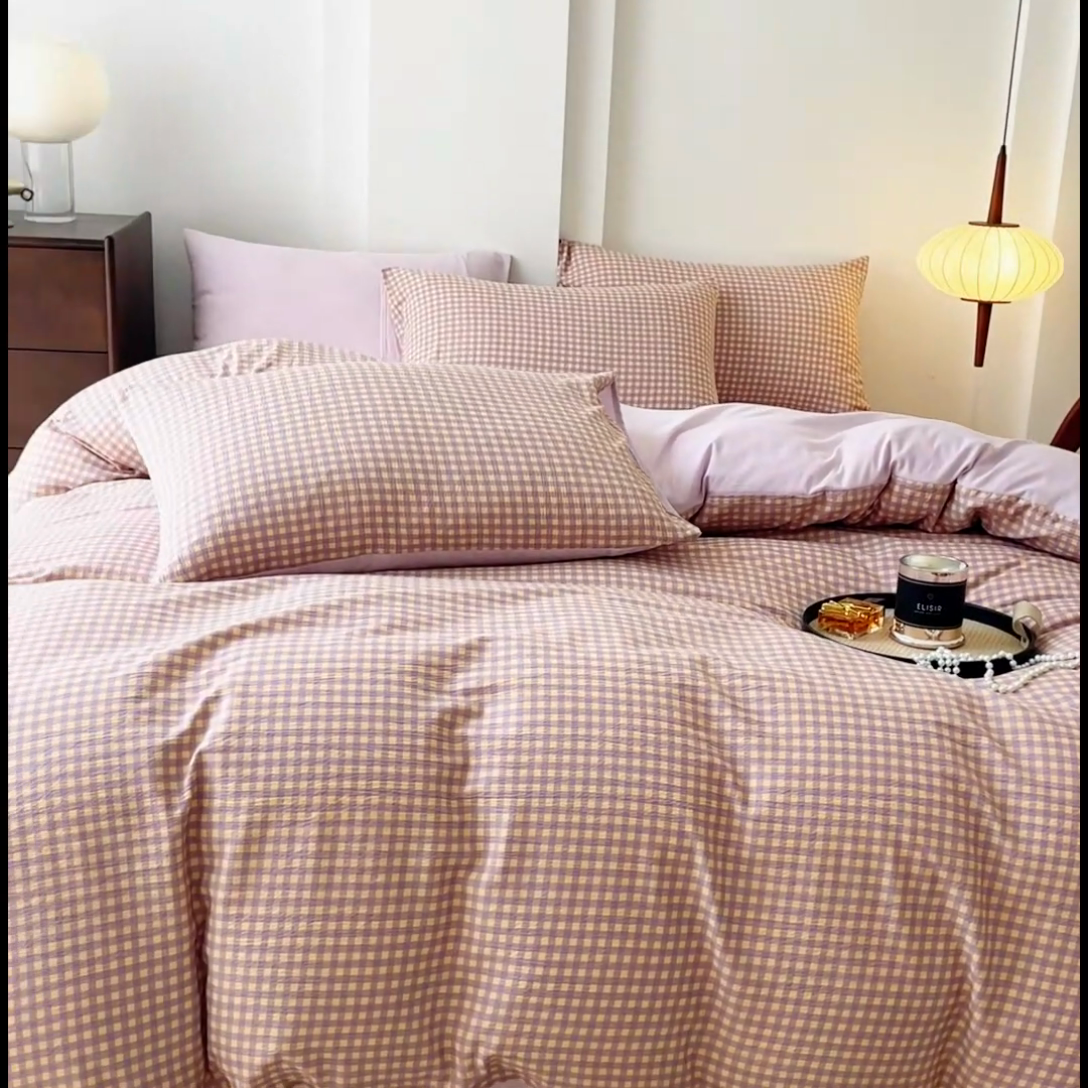 91家纺网 家纺一手货源 找家纺 优米家纺 2025新款色织双层纱木棉四件套 薰衣草紫+浅黄