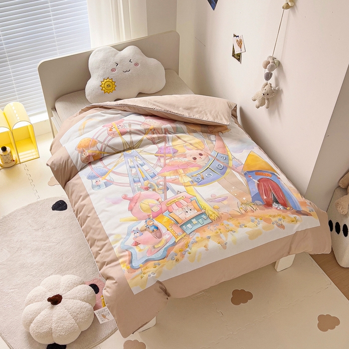 91家纺网 家纺一手货源 找家纺 梵赫 2025新款卡通全棉A类夹棉两用幼儿园儿童夏被被套 摩天轮-黄