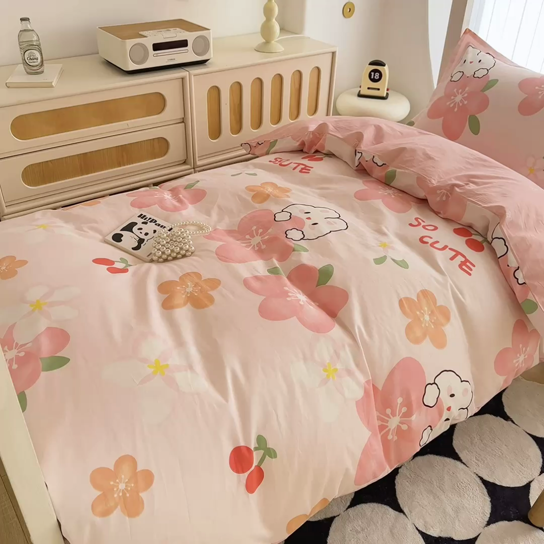 91家纺网 家纺一手货源 找家纺 卡普二店 2024新款爆款加厚卡通小清新全棉纯棉学生宿舍三件套床笠隔天可拿 花田小兔