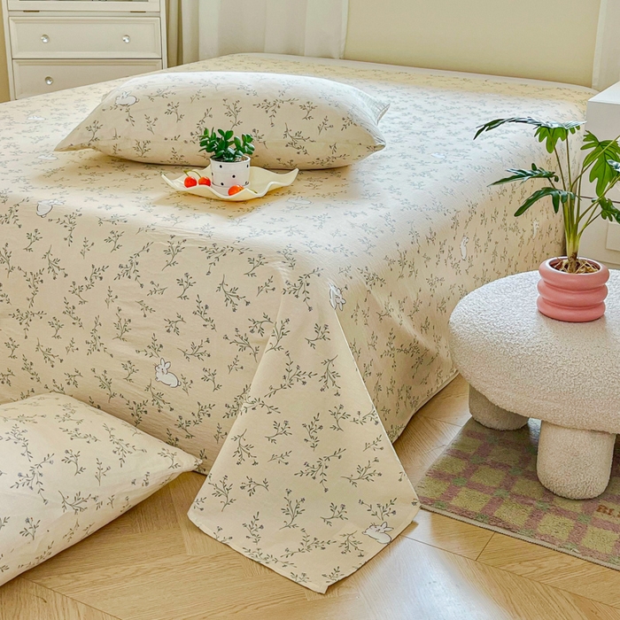 91家纺网 家纺一手货源 找家纺 优米家纺 2025新款ins小清新双层纱印花床单 铃兰兔兔