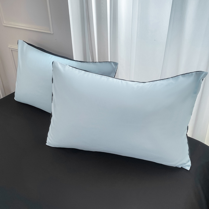 91家纺网 家纺一手货源 找家纺 乐沐家纺 2024新款夏季水洗冰丝四件套水洗真丝纯色双拼单被套-风格二 天蓝墨黑