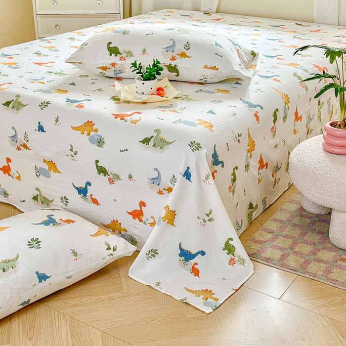 91家纺网 家纺一手货源 找家纺 优米家纺 2025新款ins小清新双层纱印花床单 恐龙乐园