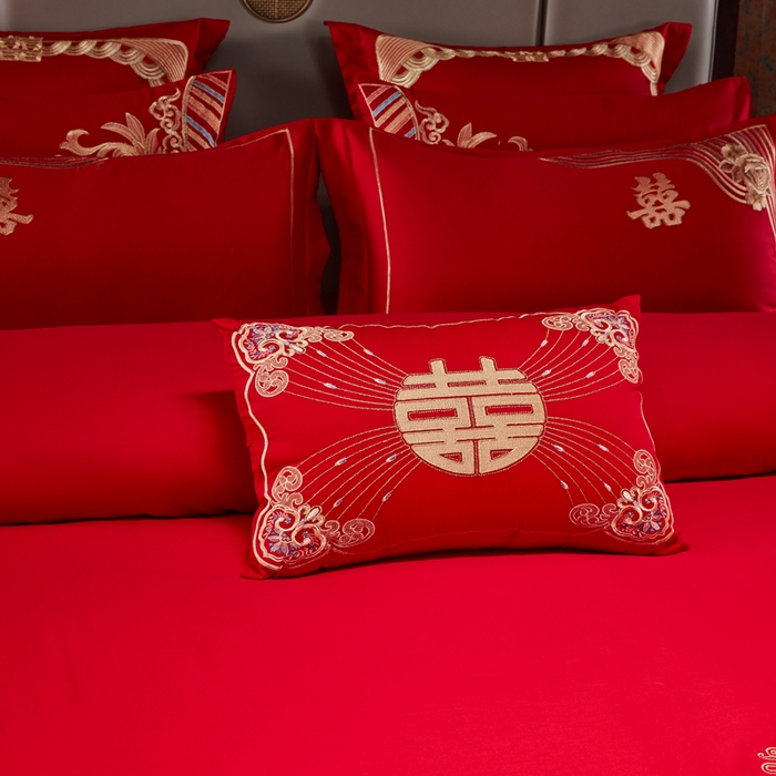 91家纺网 家纺一手货源 找家纺 振翼家纺婚庆专供 2025新款全棉长绒棉婚庆精致绣花四件套 喜相连金