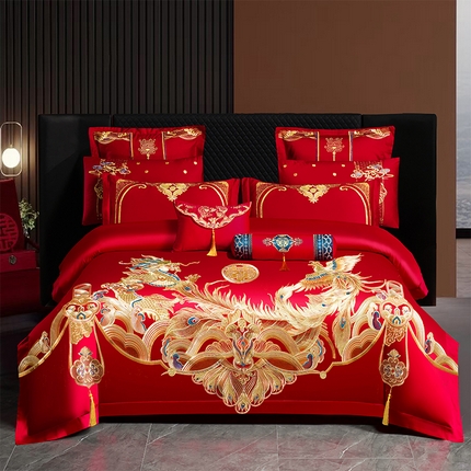 振翼家纺婚庆专供 2025新款全棉长绒棉婚庆精致绣花四件套 龙凤如意