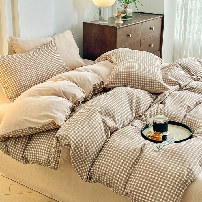 91家纺网 家纺一手货源 找家纺 优米家纺 2025新款色织双层纱木棉四件套 奶咖小格