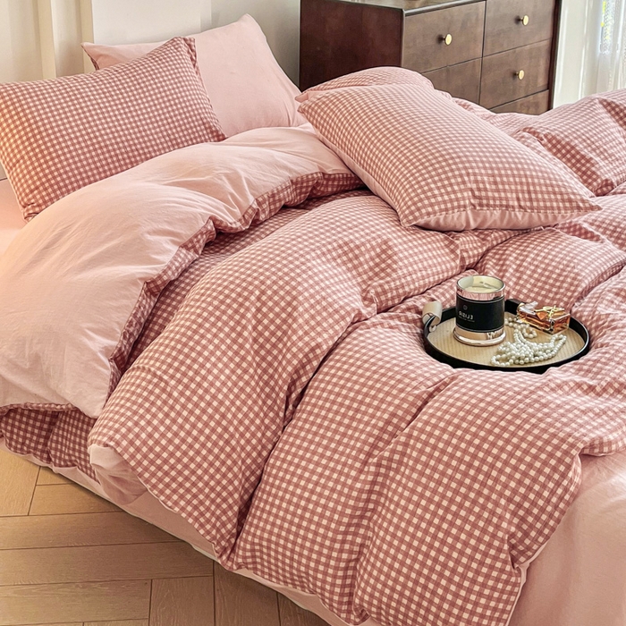 91家纺网 家纺一手货源 找家纺 优米家纺 2025新款色织双层纱木棉四件套 奶油粉格