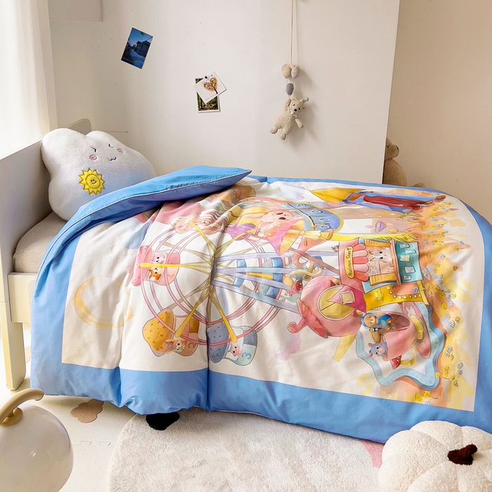 91家纺网 家纺一手货源 找家纺 梵赫 2025新款卡通全棉A类夹棉两用幼儿园儿童夏被被套 摩天轮-蓝