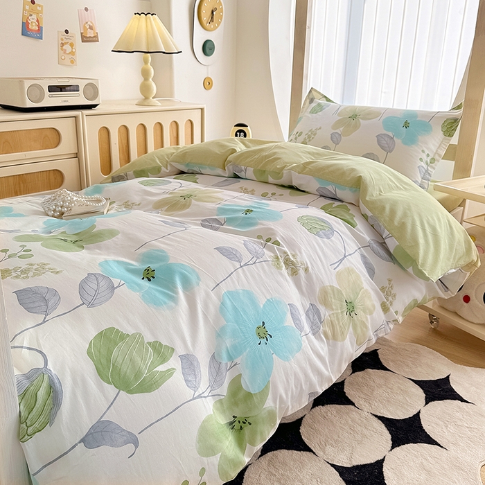 91家纺网 家纺一手货源 找家纺 卡普二店 2024新款爆款加厚卡通小清新全棉纯棉学生宿舍三件套床笠隔天可拿 花汀叶妤