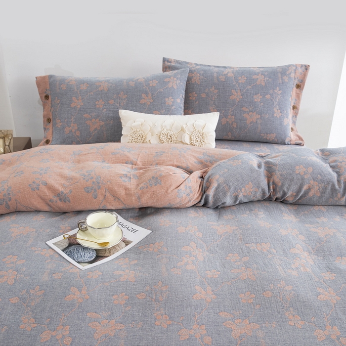 91家纺网 家纺一手货源 找家纺 鲁爱家纺供货 2025新款全棉色织双层纱纽扣四件套 春晖-粉灰