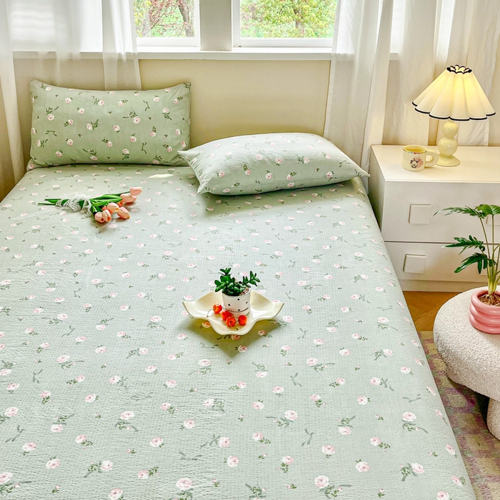 91家纺网 家纺一手货源 找家纺 优米家纺 2025新款ins小清新双层纱印花床单 午后蔷薇