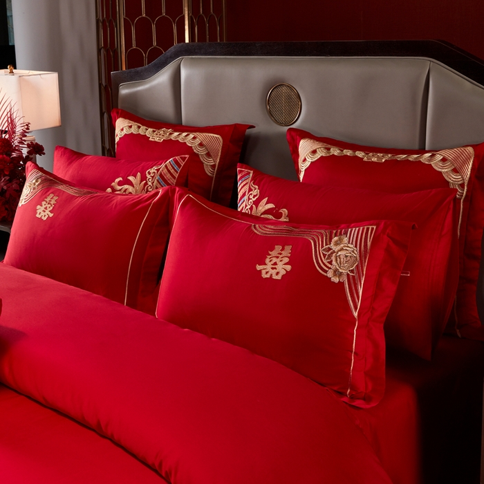 91家纺网 家纺一手货源 找家纺 振翼家纺婚庆专供 2025新款全棉长绒棉婚庆精致绣花四件套 喜相连金