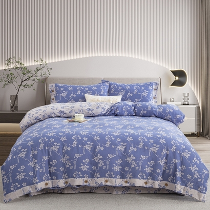 91家纺网 家纺一手货源 找家纺 鲁爱家纺供货 2025新款全棉色织双层纱纽扣四件套 春晖-浅兰