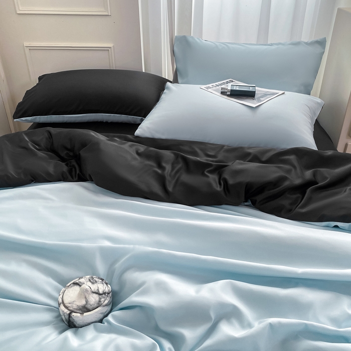91家纺网 家纺一手货源 找家纺 乐沐家纺 2024新款夏季水洗冰丝四件套水洗真丝纯色双拼单被套-风格二 天蓝墨黑