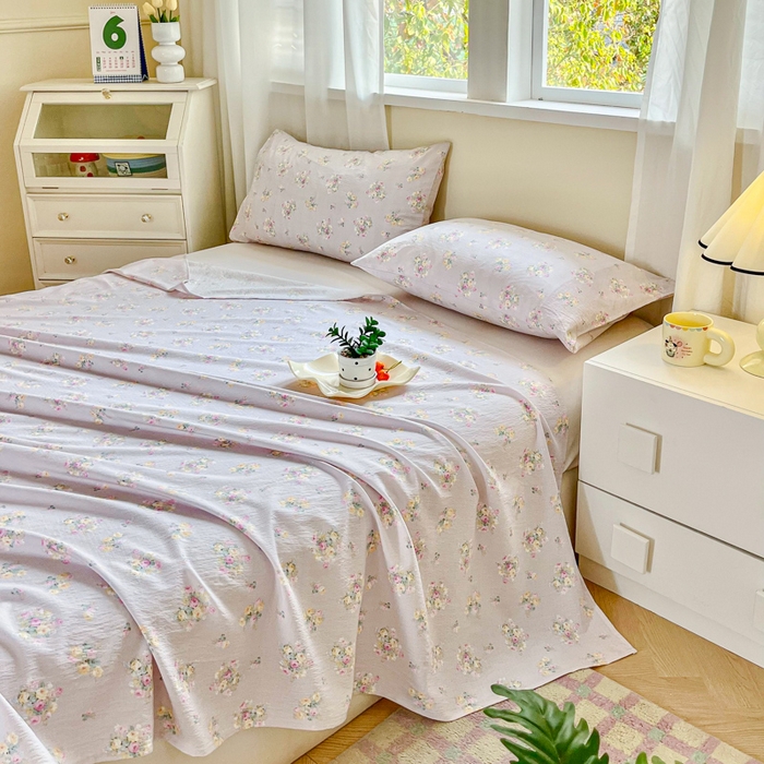 91家纺网 家纺一手货源 找家纺 优米家纺 2025新款ins小清新双层纱印花床单 罗曼花园