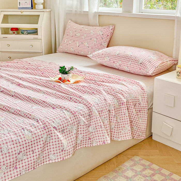 91家纺网 家纺一手货源 找家纺 优米家纺 2025新款ins小清新双层纱印花床单 格子猫咪