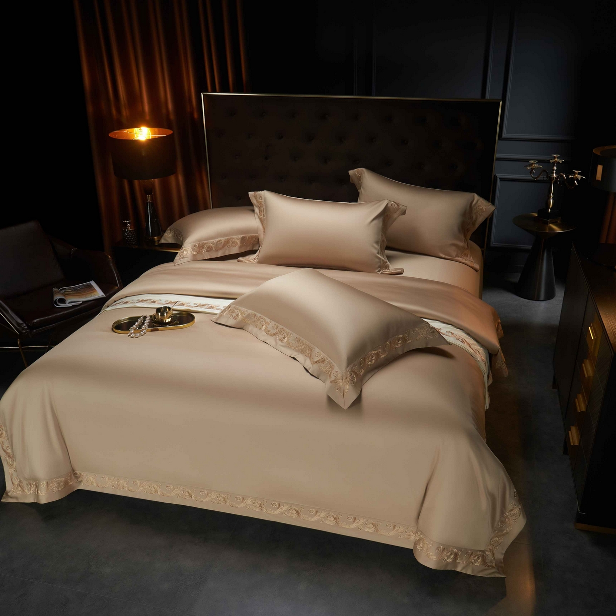 91家纺网 家纺一手货源 找家纺 缔缦 2025新款高端定织面料S140长绒棉精梳棉重磅刺绣四件套罗莎系列 卡其