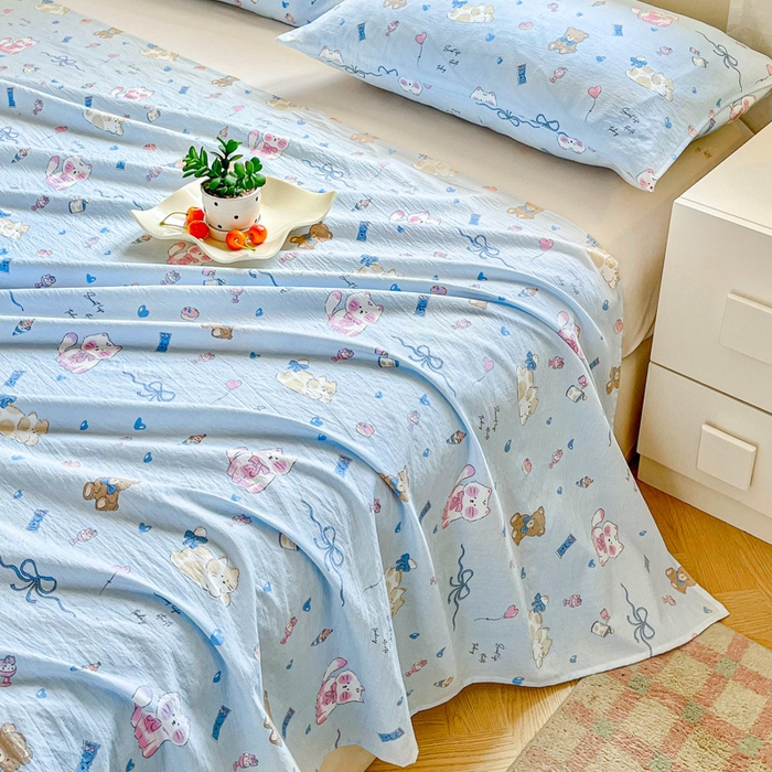 91家纺网 家纺一手货源 找家纺 优米家纺 2025新款ins小清新双层纱印花床单 奇趣乐园