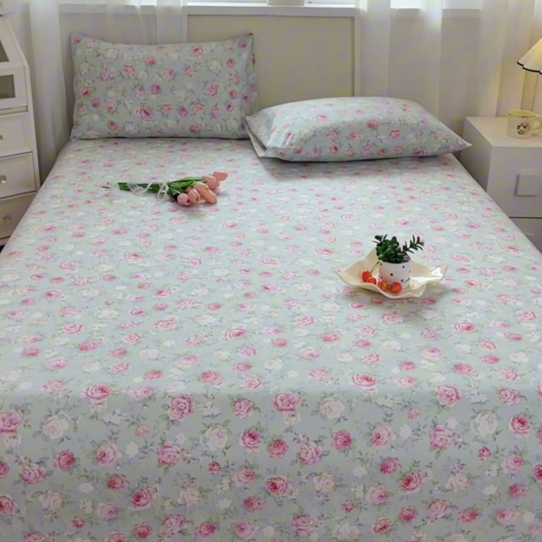 91家纺网 家纺一手货源 找家纺 优米家纺 2025新款ins小清新双层纱印花床单 牡丹花开