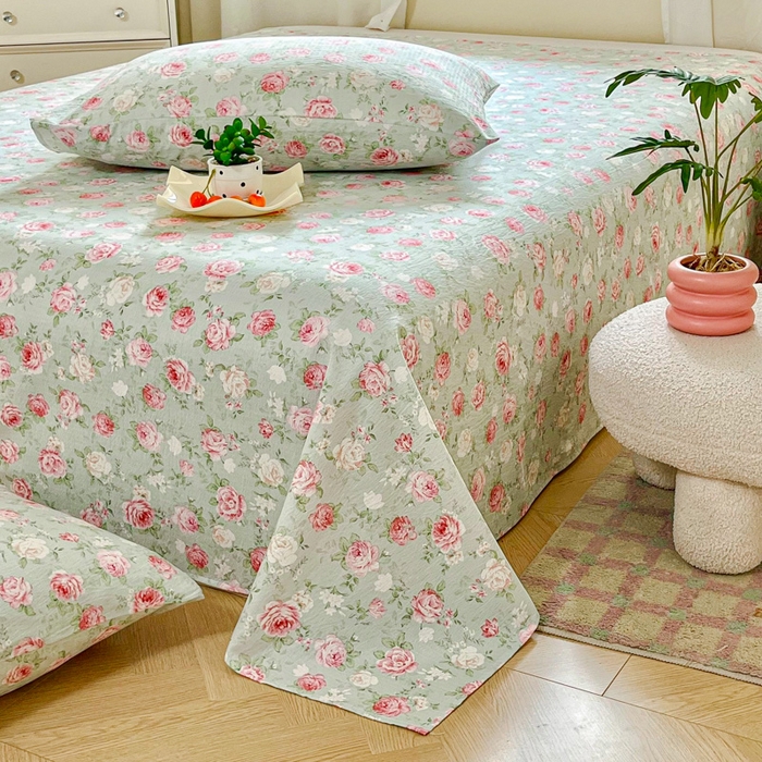 91家纺网 家纺一手货源 找家纺 优米家纺 2025新款ins小清新双层纱印花床单 牡丹花开