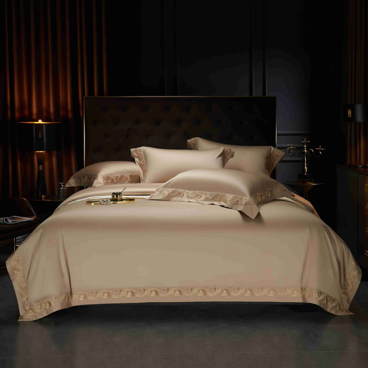 91家纺网 家纺一手货源 找家纺 缔缦 2025新款高端定织面料S140长绒棉精梳棉重磅刺绣四件套罗莎系列 卡其