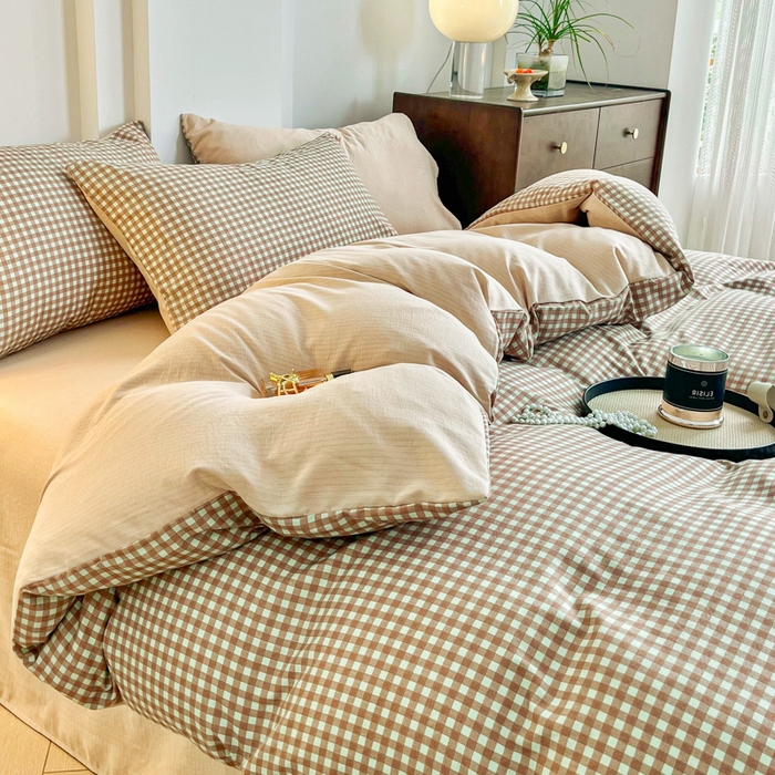 91家纺网 家纺一手货源 找家纺 优米家纺 2025新款色织双层纱木棉四件套 奶咖小格